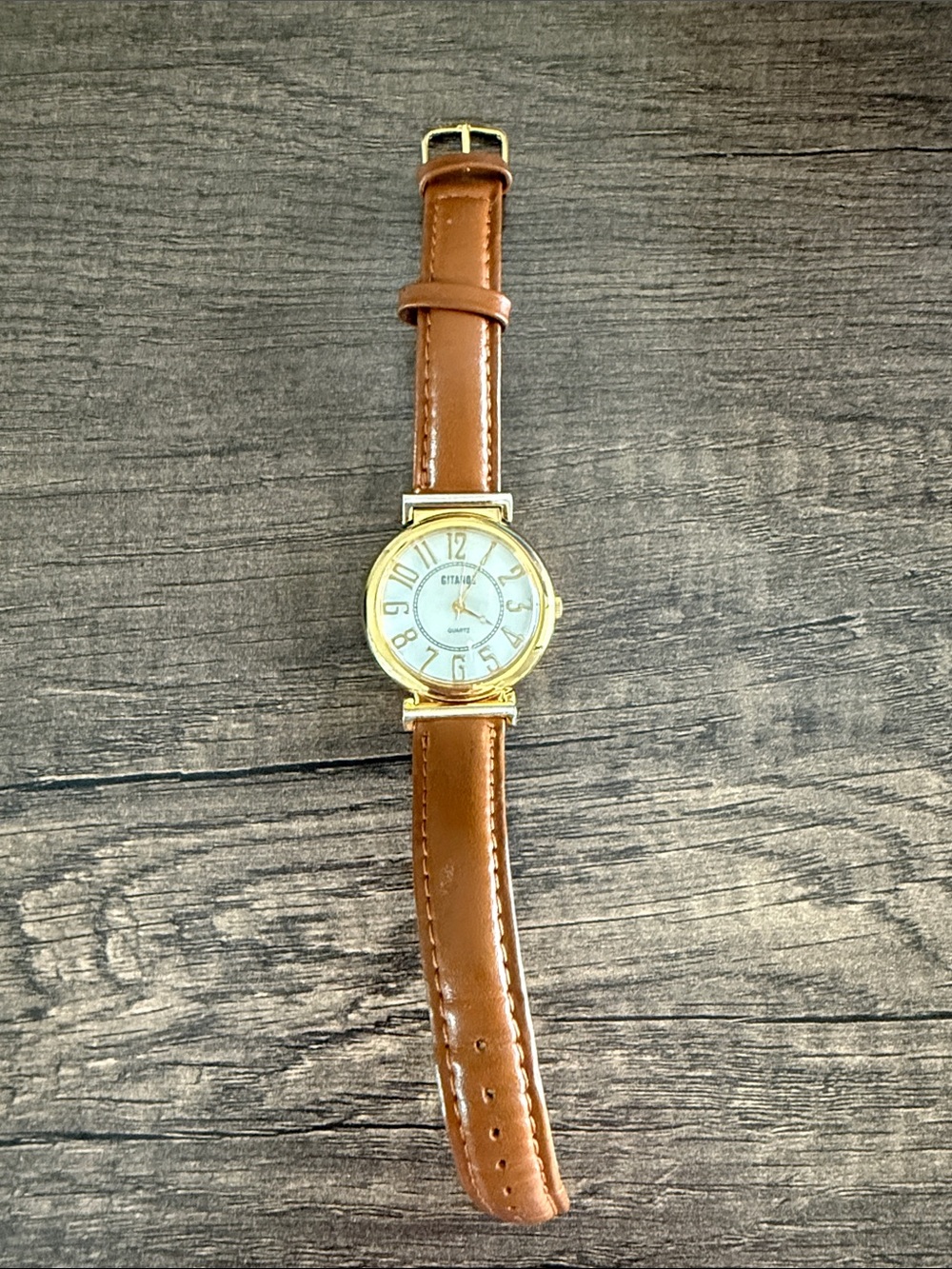 Gold Tone Round Watch with Brown Leather Strap